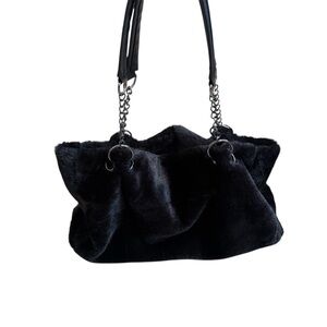 Deep pocket black furry tote bag